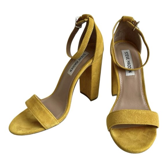 Steve Madden Carrson Yellow Suede Block Heel Sandals Womens 7.5M Excellent - Picture 1 of 9